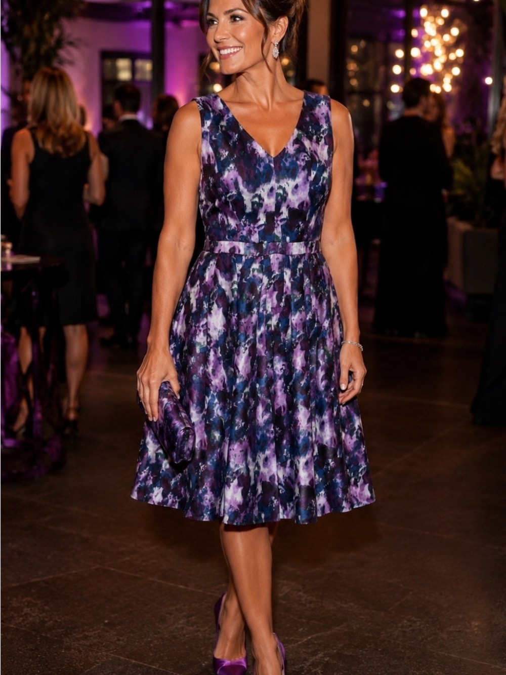 Jones New York Purple Watercolor V-Neck Midi Dress
